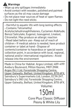 Habitat 150ml Scented Diffuser - Peony & White Lily -Habitat 4845096 R Z011A