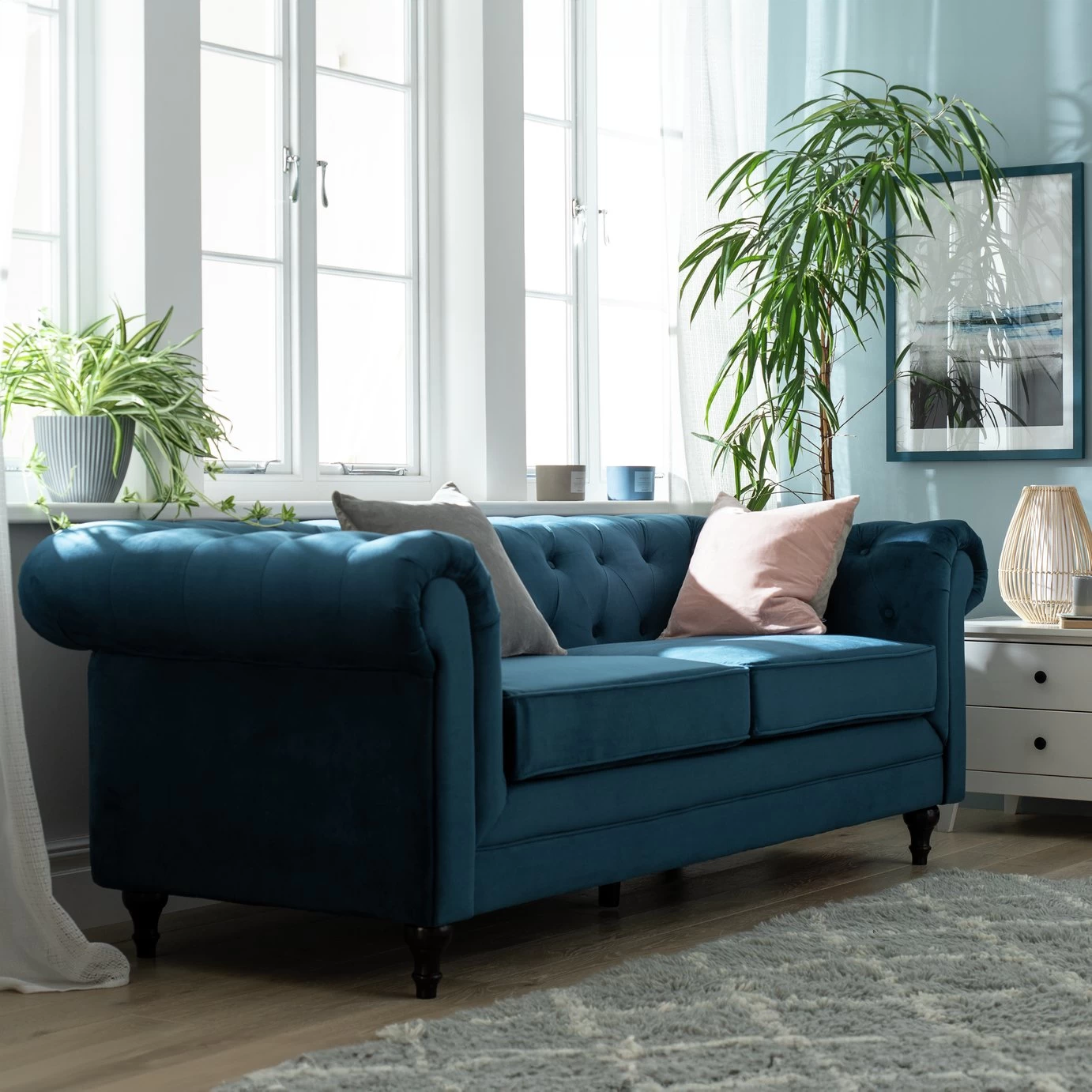 Habitat Chesterfield Velvet 3 Seater Sofa - Blue 4 Habitat Chesterfield Velvet 3 Seater Sofa - Blue - Image 2